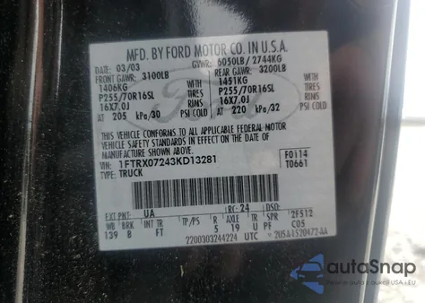 2003 Ford F150 from USA, damaged, VIN 1FTRX07243KD13281